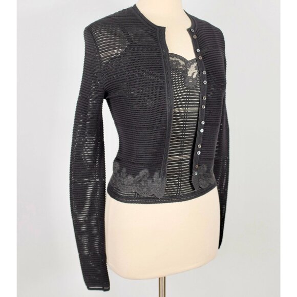 Y2K John Galliano 90s cardigan top twinset sweater sz S black open knit lace - Picture 9 of 14